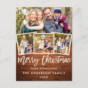 Rustic Wood Brush Script Merry Christmas 4 Photo Postcard