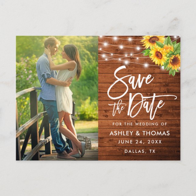 Rustic Wood Brush Script Sunflower Save The Date Postcard (Front)