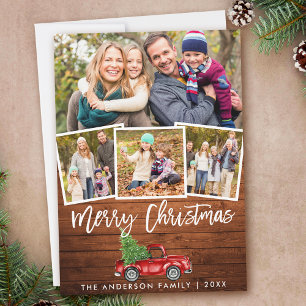 Rustic Wood Brush Script Vintage Truck 4 Photo Holiday Card