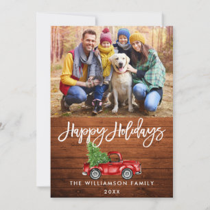 Rustic Wood Brush Script Vintage Truck Happy Holiday Card