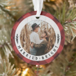 Rustic Wood Buffalo Check Couples First Christmas Ornament<br><div class="desc">This a perfect gift for a newly married couple. Mark the year of their wedding with this personalised photo holiday ornament. My Rustic Wood Buffalo Check Couples First Christmas Ornament can be customised with photo,  names and year.</div>