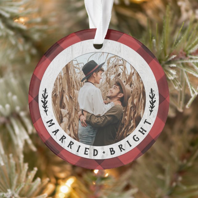 Rustic Wood Buffalo Check Couples First Christmas Ornament (Tree)