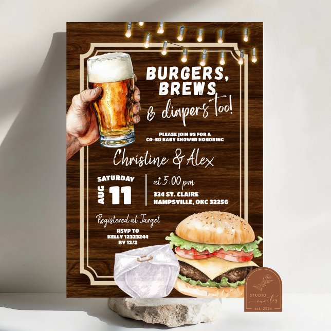 Rustic Wood Burger Brew and Diaper too Baby Shower Invitation (Creator Uploaded)