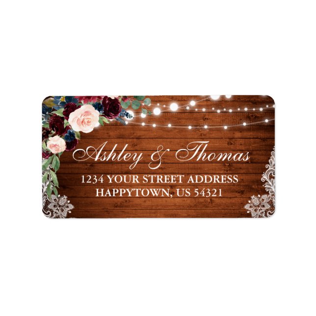 Rustic Wood Burgundy Blue Floral Address Label (Front)