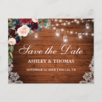 Rustic Wood Burgundy Blue Floral Save The Date