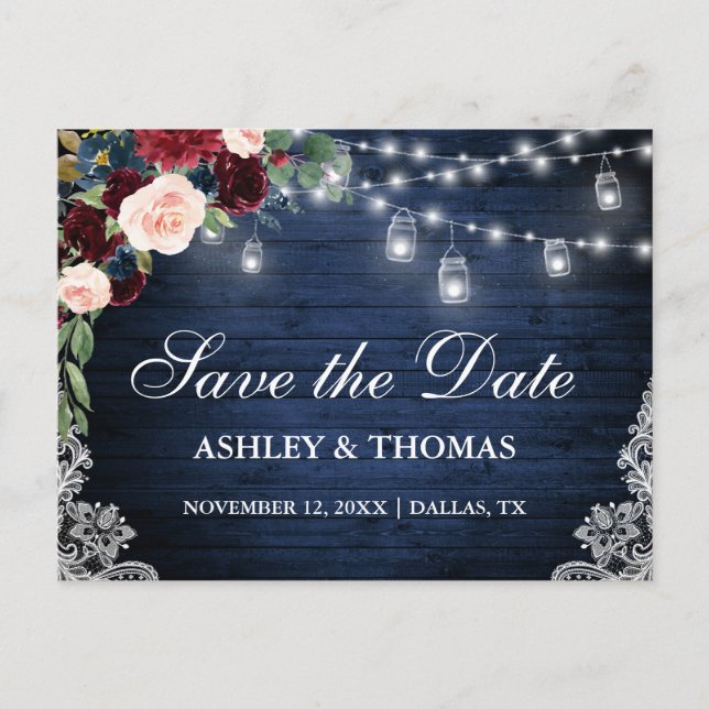 Rustic Wood Burgundy Blue Floral Save the Date Announcement Postcard (Front)