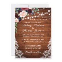 Rustic Wood Burgundy Blue Floral Wedding Invite