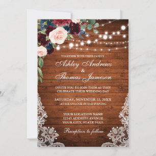 Rustic Wood Burgundy Blue Floral Wedding Invite