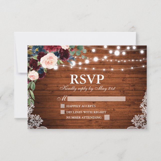 Rustic Wood Burgundy Blue Floral Wedding RSVP Card (Front)