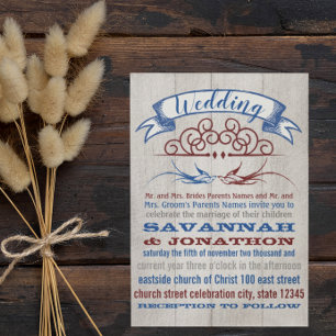 Rustic Wood Burgundy Blue Vintage Lovebird Wedding Invitation