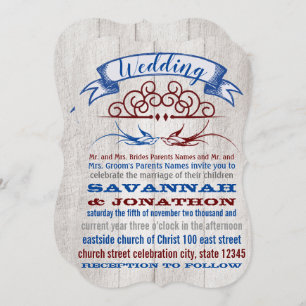Rustic Wood Burgundy Blue Vintage Lovebird Wedding Invitation