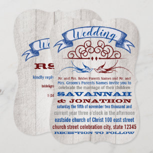 Rustic Wood Burgundy Blue Vintage Lovebird Wedding Invitation