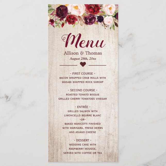 Rustic Wood Burgundy Blush Floral Wedding Menu (Front)
