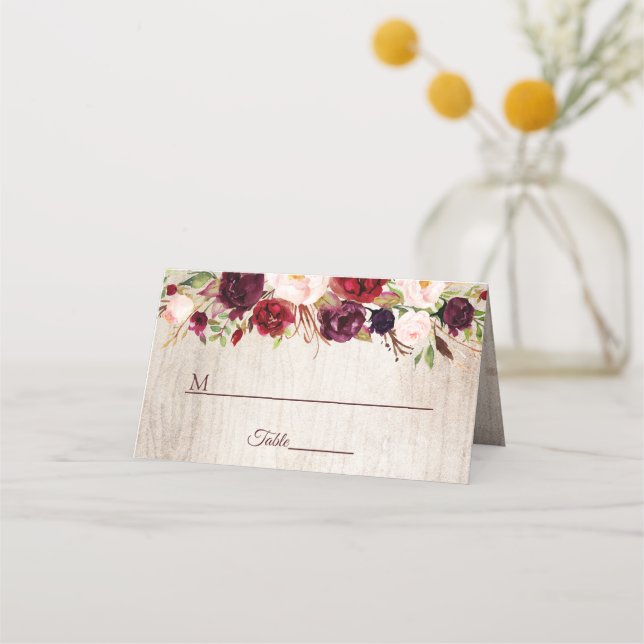 Rustic Wood Burgundy Blush Floral Wedding Table Place Card (Front)