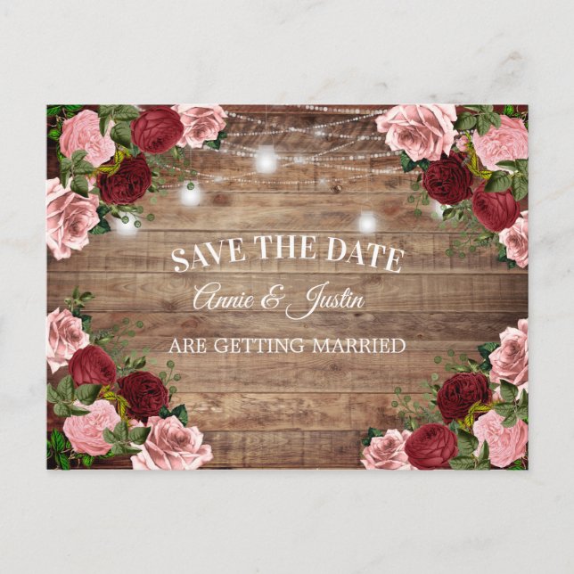 Rustic Wood Burgundy Blush Pink Floral Save Date Postcard (Front)