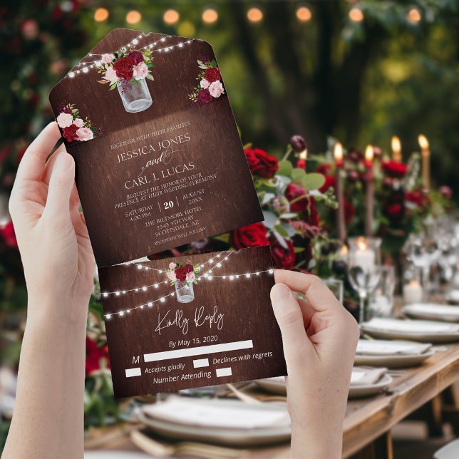 Rustic Wood Burgundy Blush Pink Rose Mason Jar  All In One Invitation (Creator Uploaded)