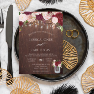 Rustic Wood Burgundy Blush Pink Rose Mason Jar Invitation