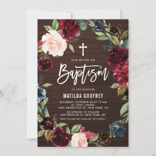 Rustic Wood Burgundy Fall Floral Wreath Baptism Invitation