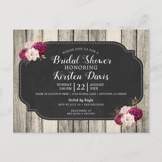 Rustic Wood Burgundy Floral Bridal Shower Postcard (Front)
