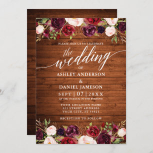 Rustic Wood Burgundy Floral Calligraphy Wedding Invitation