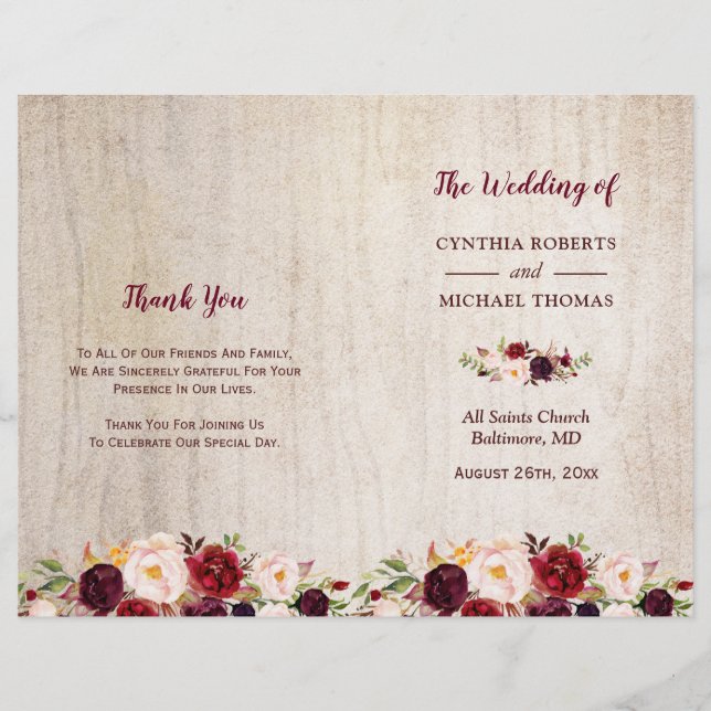 Rustic Wood Burgundy Floral Folded Wedding Program (Front)