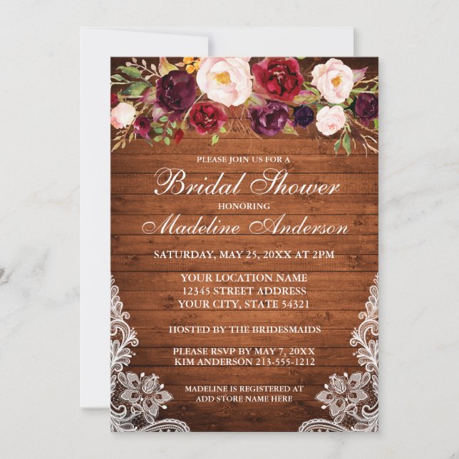 Rustic Wood Burgundy Floral Lace Bridal Shower Invitation (Front)
