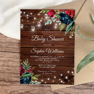 Rustic Wood Burgundy Floral Lights Baby Shower Invitation