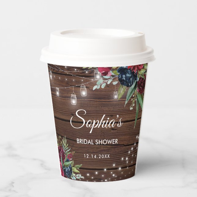 Rustic Wood Burgundy Floral Lights Bridal Paper Cups (Front)
