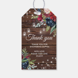 Rustic Wood Burgundy Floral Lights Bridal Shower Gift Tags