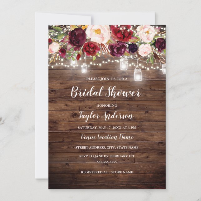 Rustic Wood Burgundy Floral Lights Bridal Shower Invitation (Front)