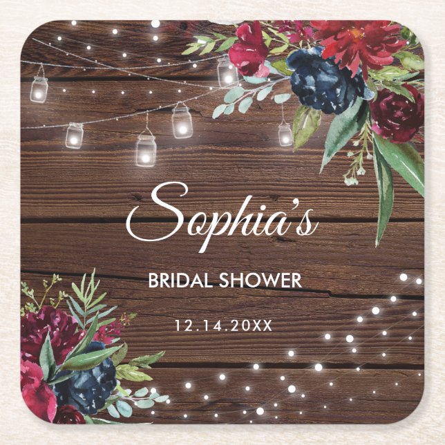 Rustic Wood Burgundy Floral Lights Bridal Square Paper Coaster (Front)