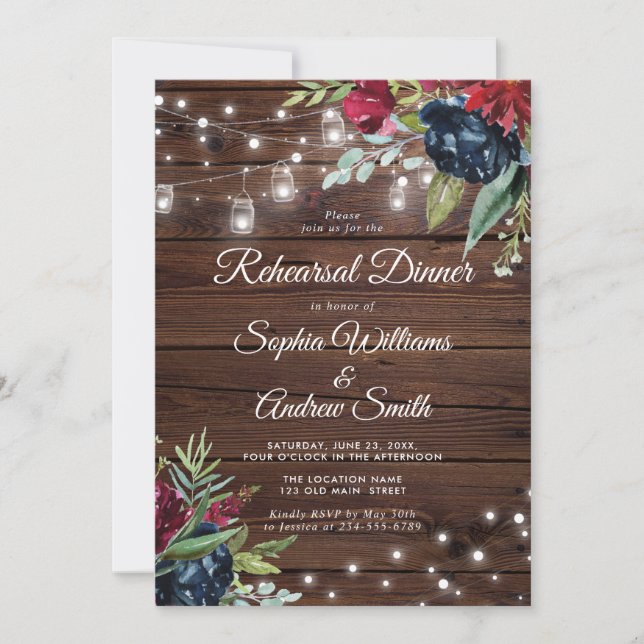 Rustic Wood Burgundy Floral Lights Diner  Invitation (Front)
