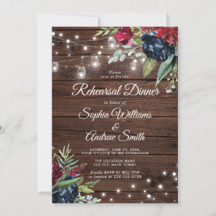 Rustic Wood Burgundy Floral Lights Diner  Invitation