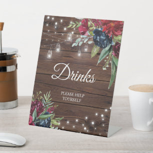 Rustic Wood Burgundy Floral Lights Drinks Sign