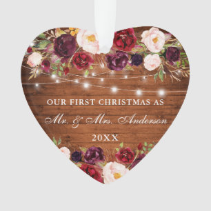 Rustic Wood Burgundy Floral Lights First Christmas Ornament