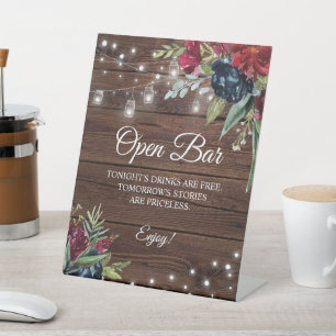 Rustic Wood Burgundy Floral Lights Open Bar Sign