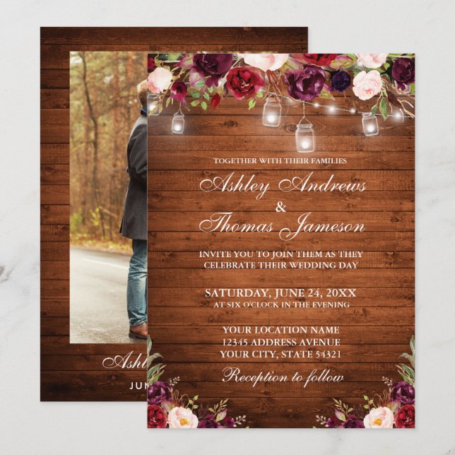 Rustic Wood Burgundy Floral Lights Photo Wedding Invitation (Front/Back)