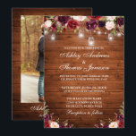 Rustic Wood Burgundy Floral Lights Photo Wedding Invitation<br><div class="desc">Rustic Wood String Lights Mason Jars Watercolor Burgundy Floral Wedding Invitation - Photo Back</div>
