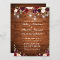 Rustic Wood Burgundy Floral Lights Photo Wedding