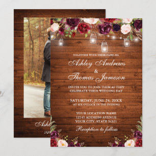 Rustic Wood Burgundy Floral Lights Photo Wedding Invitation