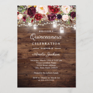 Rustic Wood Burgundy Floral Lights Quinceanera Invitation