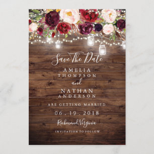 Rustic Wood Burgundy Floral Lights Save The Date