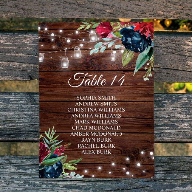 Rustic Wood Burgundy Floral Lights Seating Chart Invitation (Creator Uploaded)