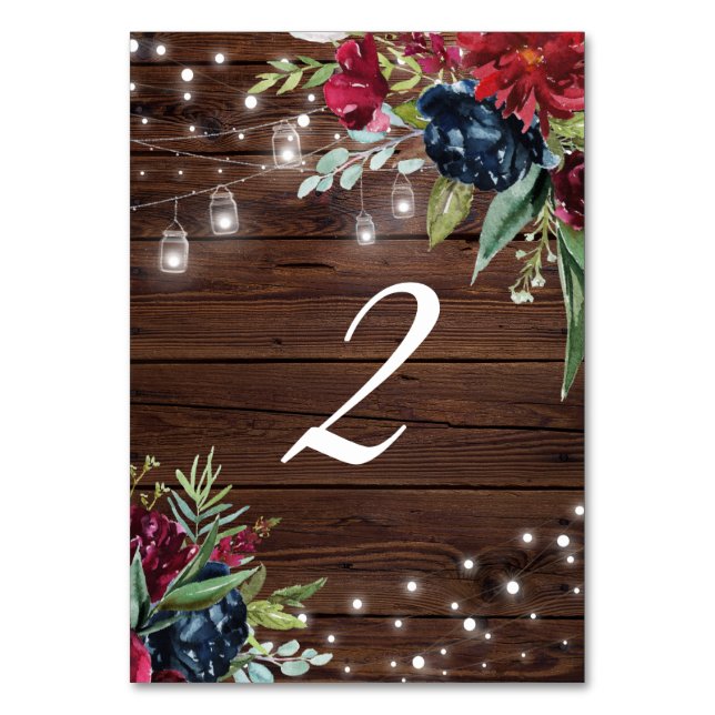 Rustic Wood Burgundy Floral Lights Table 2 Wedding Table Number (Front)