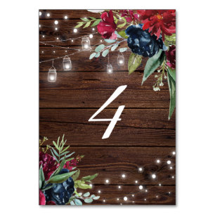 Rustic Wood Burgundy Floral Lights Table 4 Wedding Number