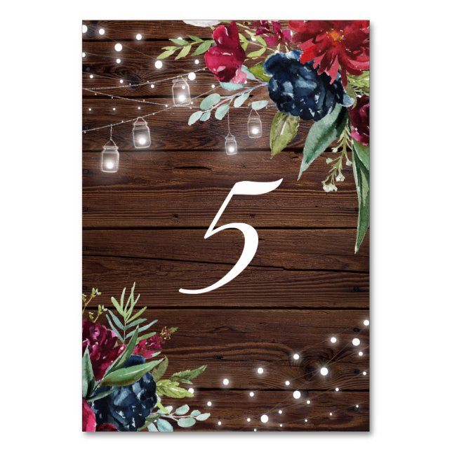 Rustic Wood Burgundy Floral Lights Table 5 Wedding Table Number (Front)