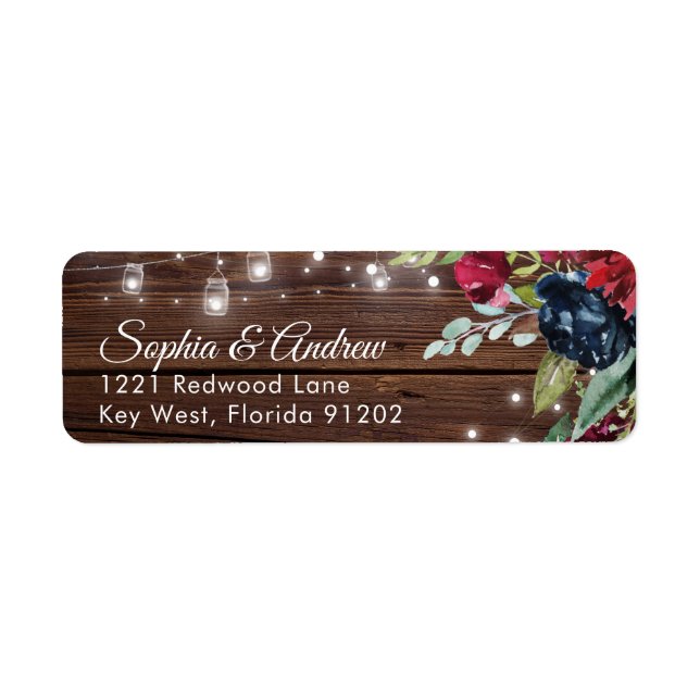 Rustic Wood Burgundy Floral Lights Wedding Addres (Front)