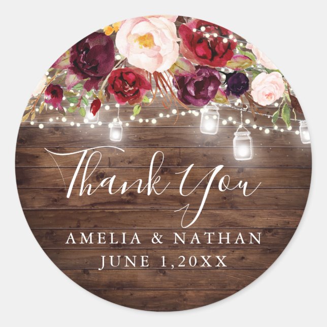 Rustic Wood Burgundy Floral Lights Wedding Classic Round Sticker (Front)