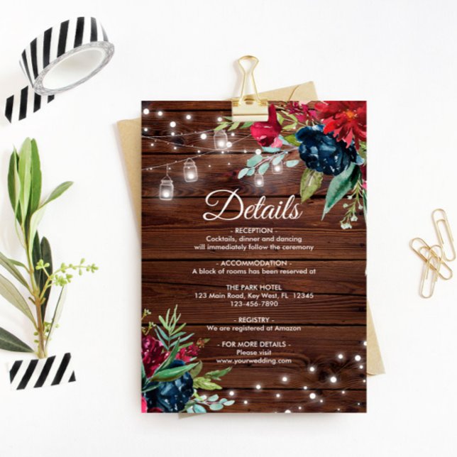 Rustic Wood Burgundy Floral Lights Wedding Details Enclosure Card (Creator Uploaded)