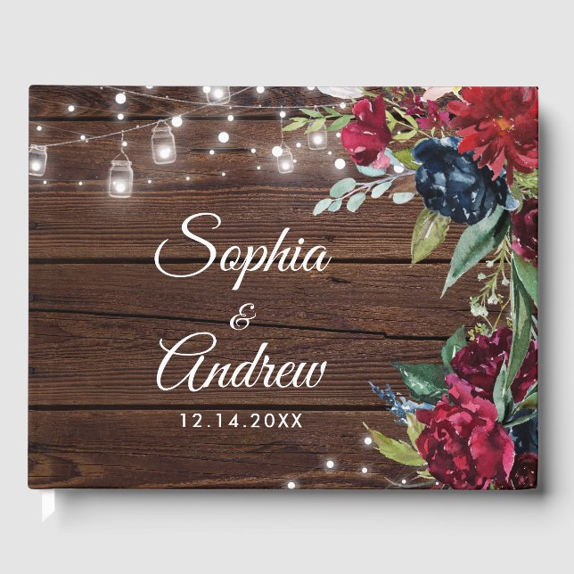 Rustic Wood Burgundy Floral Lights Wedding Guest Book (Front)